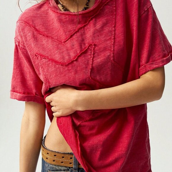 Red Casual Women's Star Pattern Round Neck Short Sleeve Loose Washing T-Shirt - Picture 5 of 7